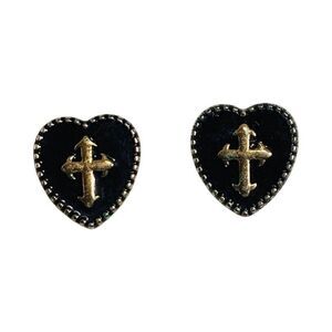 Black And Gold Heart Stud Earrings 7/8" Arrow Cross Barby Vintage Lovecore